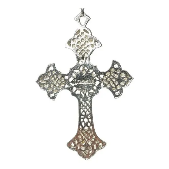 Vintage Sarah Coventry Cross Necklace Faux Pearl Purple Cabochon Silver Tone - Picture 3 of 8